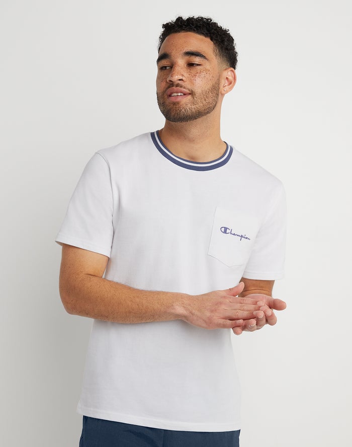 Champion Tipped Collar Pocket Embroidered Script Logo Erkek Tişört Beyaz ( PDLMOZ874 )